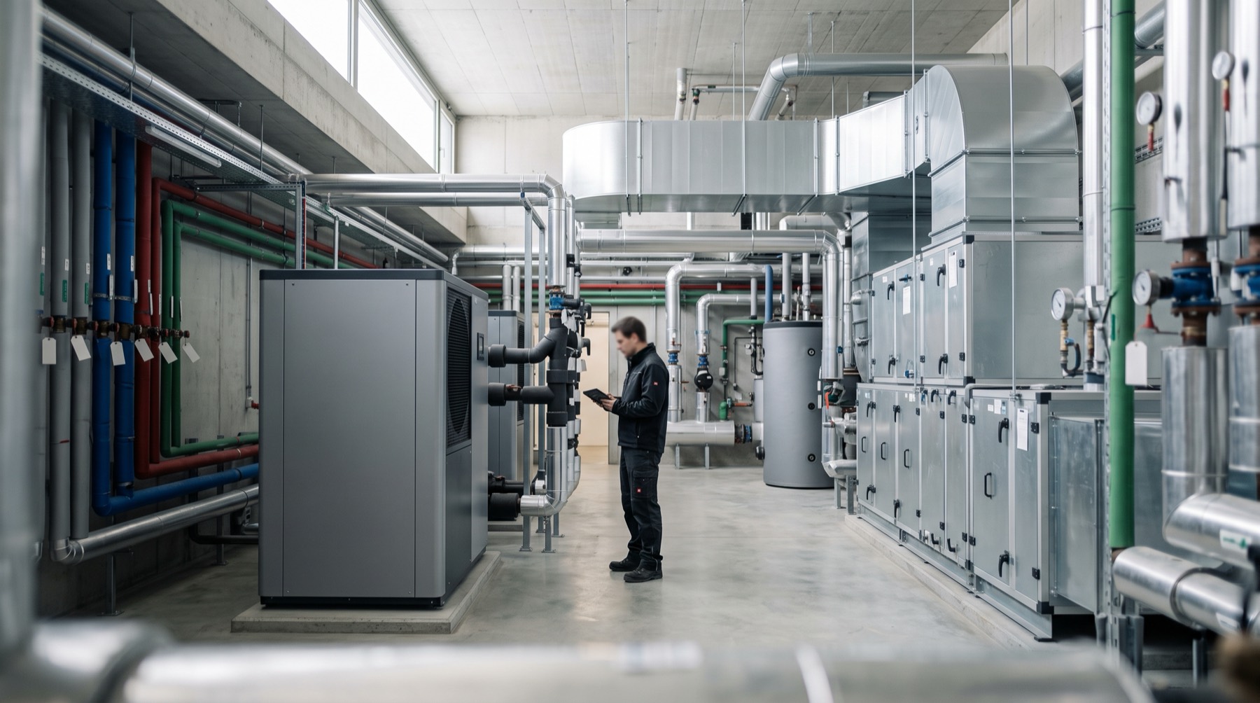 Technikzentrale mit Wärmepumpe und Lüftungsgeräten, ein Ingenieur mit Tablet prüft die Installation