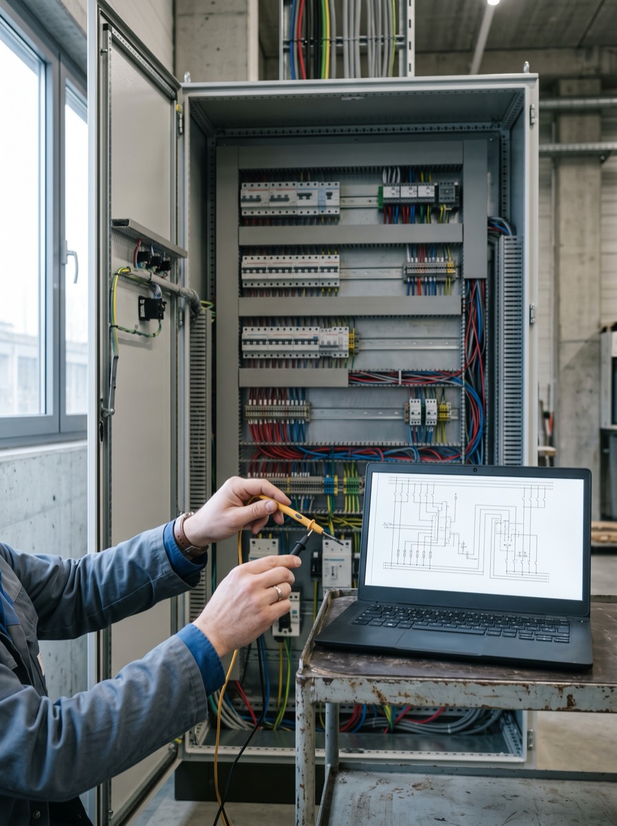 Hände eines Elektroplaners messen an einem verdrahteten Schaltschrank, daneben ein Laptop mit Schema